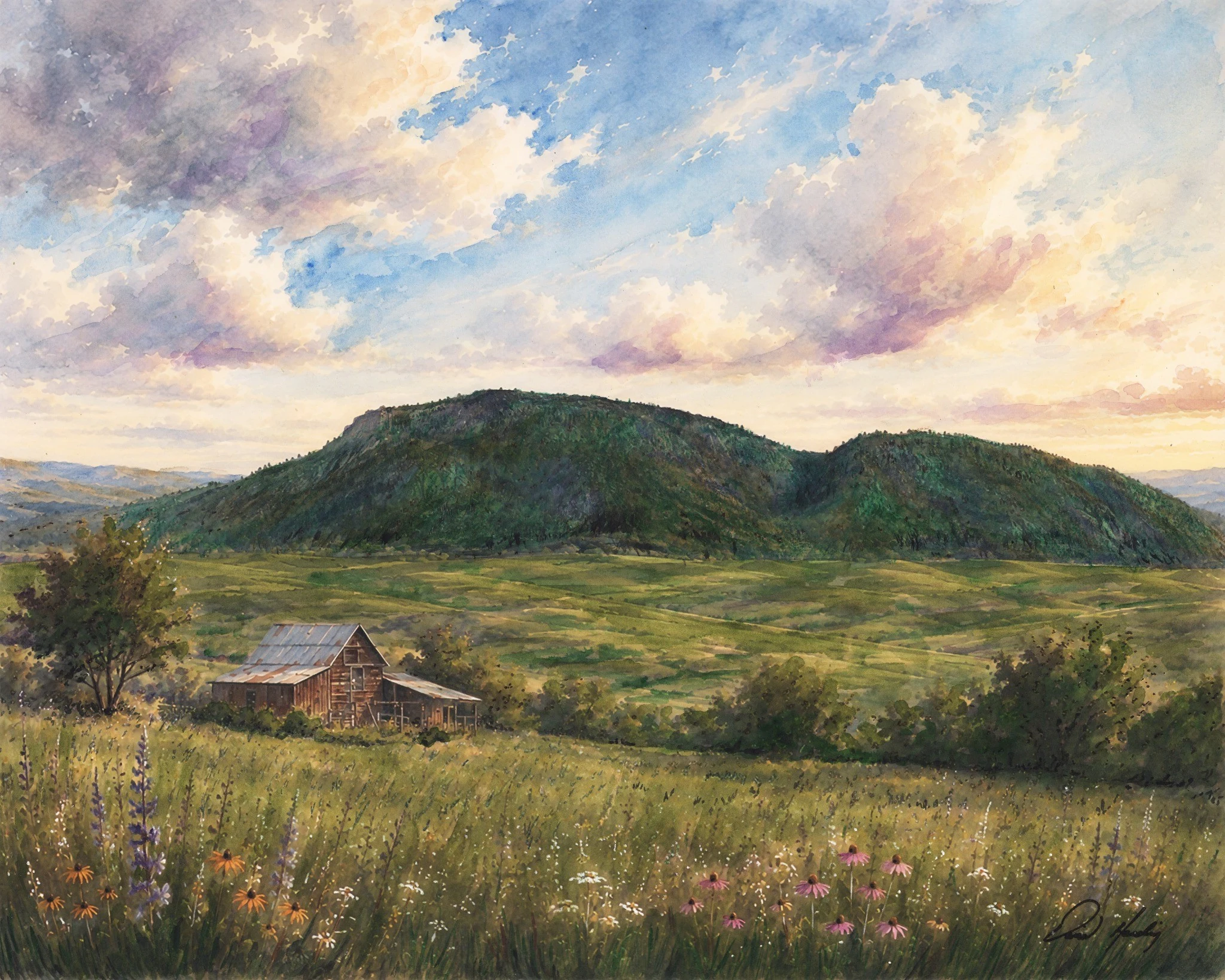 Crow Peak landscape watercolor with a barn, green hills and an open sky