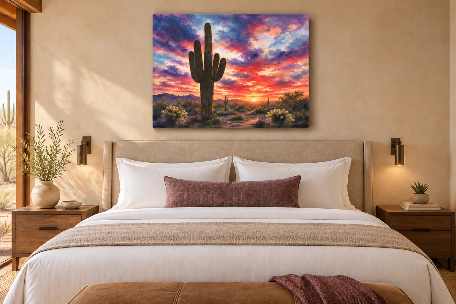 AI-generated hotel-room concept showing an unframed, gallery-wrapped Sonoran Desert Sunset canvas above a bed
