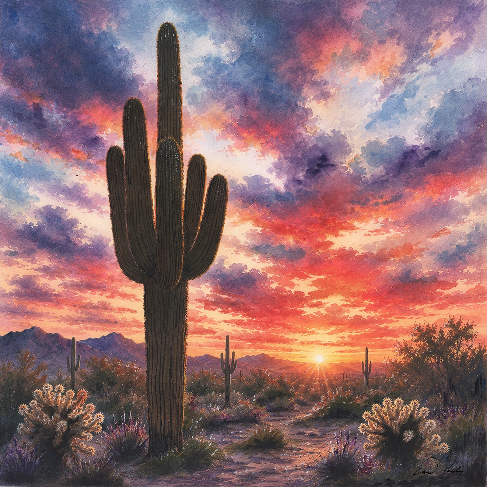 Sonoran Desert Sunset saguaro cactus at sunset watercolor painting by David Harding